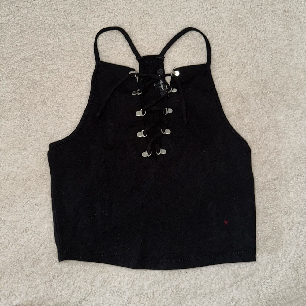 Black Lace Up Crop Tank Top